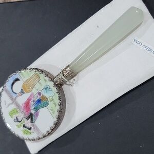 Vtg. Asian Hand Mirror, Chinese Art on Porcelain, Jade Handle